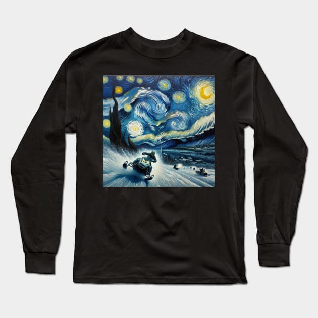 Snowmobiling Starry Night - Winter Sports Long Sleeve T-Shirt by Edd Paint Something